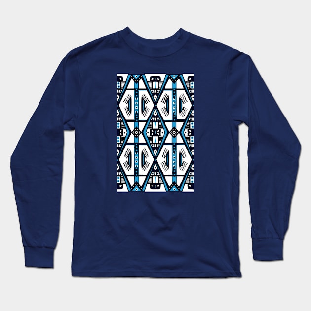 Manjak African Wax Textile "Cachieu" Blue & White Tribal Pattern Long Sleeve T-Shirt by Tony Cisse Art Originals